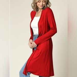 Made By Johnny Solid Long Sleeve Open Front Long Cardigan M Red